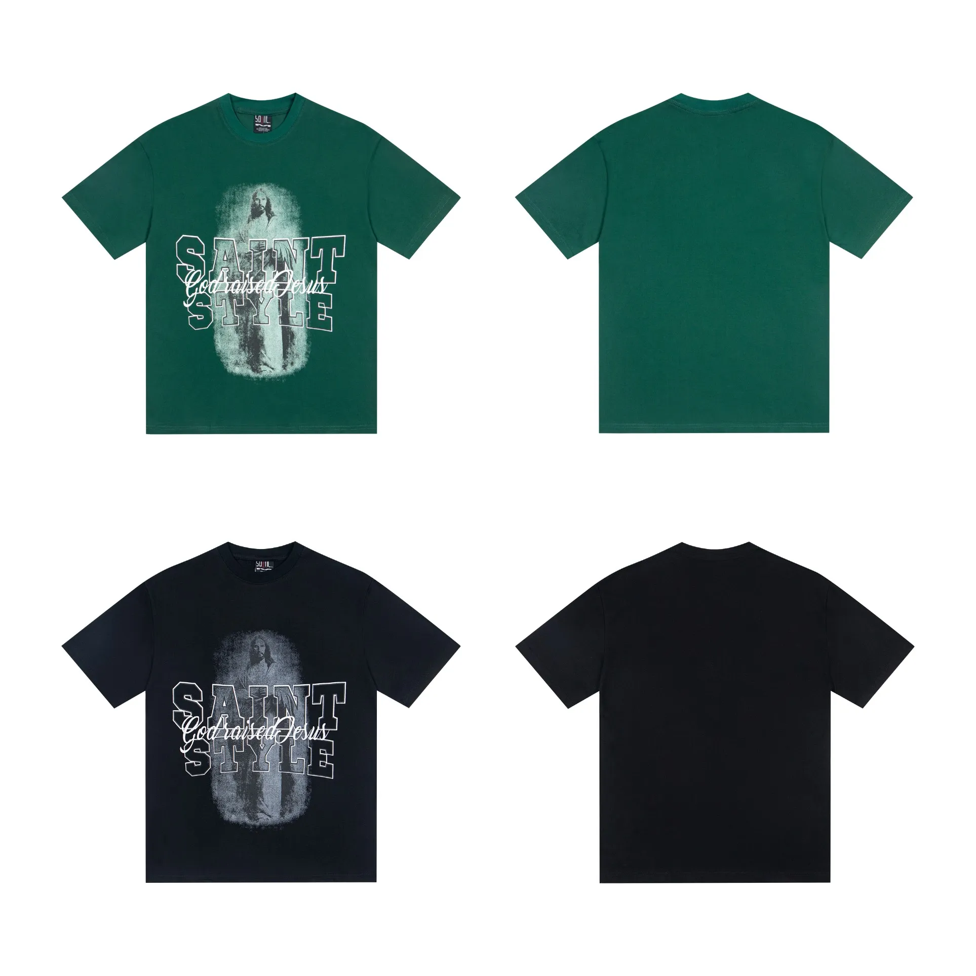 100💰 S07# Mechao SAINT white ink direct-injection pure cotton 260g loose short-sleeved T-shirt 27 black, green S-XL